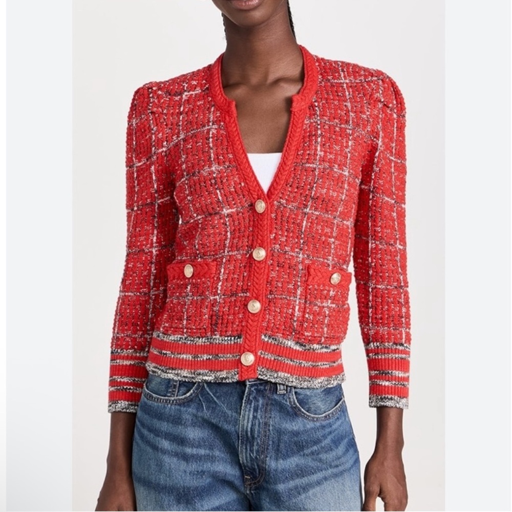 L'Agence Jenni Red Puff Sleeve Cardigan NWT